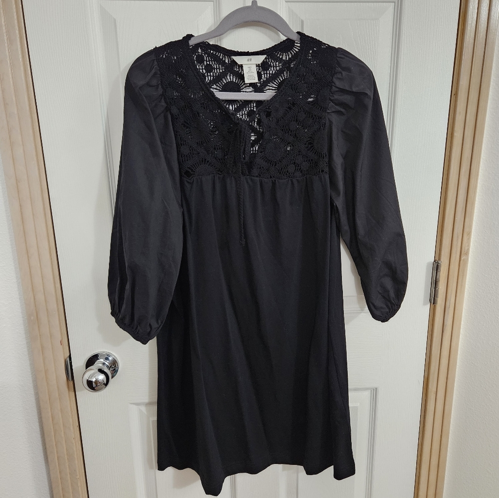 H&M Women's Black 100% Cotton Lace-detail Jersey Mini Dress Size Small